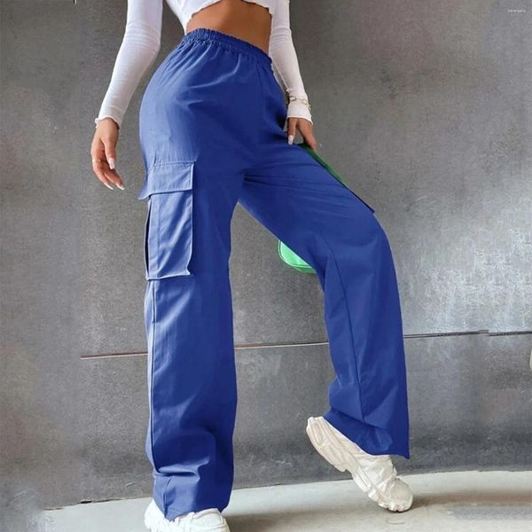 Calças femininas jovens meninas casual calças largas retas femininas soltas bolsos grandes y2k hip hop cor sólida streetwear