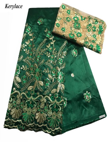 Африканская кружевная ткань Джорджа с золотой линией и вышивкой блестками, сетка 2 ярда для шитья блузки, шелковое кружево зеленого цвета Нигерии KRL9222502965
