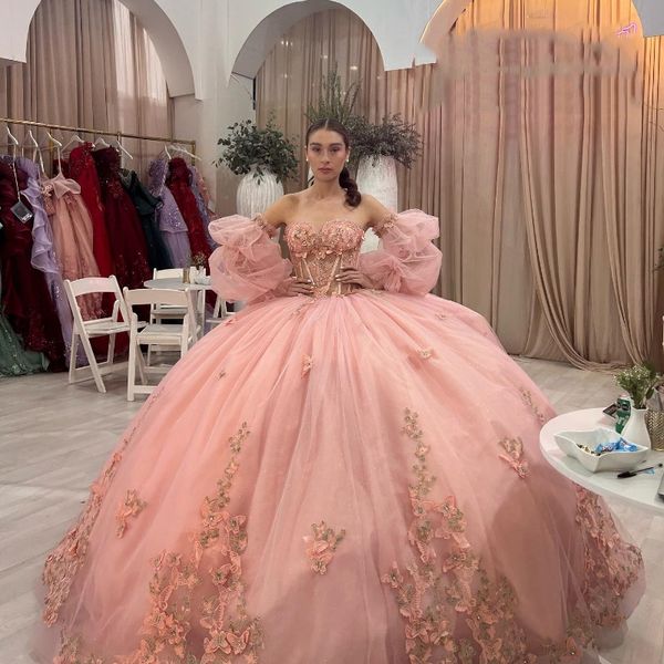 Pink Quinceanera Bow Lace Appliques Minchas Tull Ball Vestido Off ombro Vestidos doces de XV Anos TH TH BRINIMÉSTICO