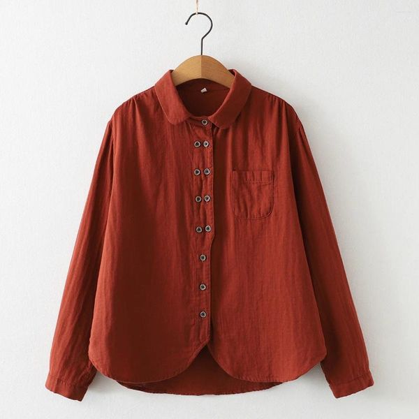 Camicette da donna Filato di cotone Rosso scuro Donna Primavera Top Mori Ragazza Stile giapponese Breve Casual Doppiopetto Solido Camicie alte