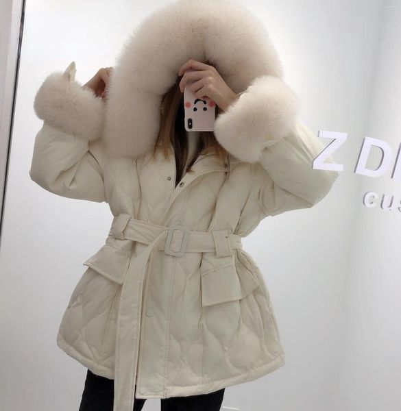 Frauen Unten 2024 Koreanische Mode Warme Winter Frauen 90% Weiße Ente Mantel Echtpelz Mit Kapuze Puffer Jacke Mit Natürliche manschetten Parkas