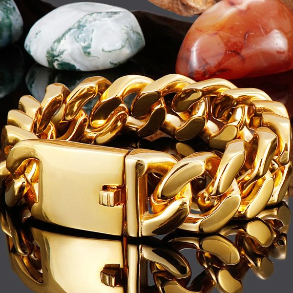 Accessori per mani in oro giallo 14k lucido Bracciale da polso da uomo in ferro largo 20 mm di lusso che non tramonta mai Gioielli da uomo d'oro Ragazzo