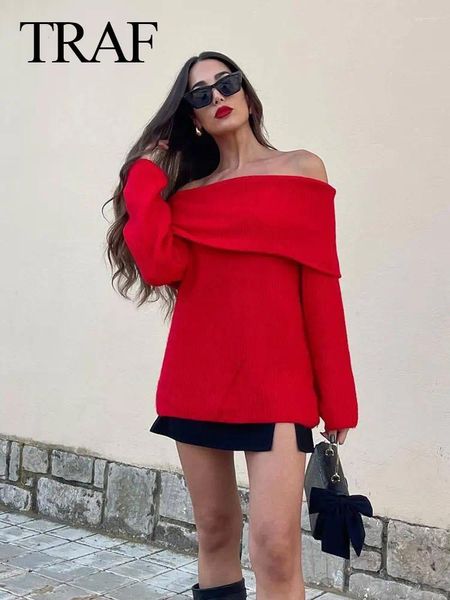Maglioni da donna 2024 Autunno Maglione lavorato a maglia grigio Moda Manica lunga rossa Pieghe Slim Pullover monospalla Chic Top
