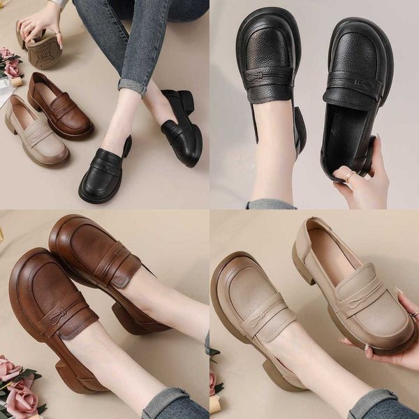 Frauen Kleid Schuhe Oberschicht Rindsleder Frühling Herbst Damen Lederschuhe Mittlerer Absatz Biskuitkuchen Dicke Sohle Echte Slipper Singles Mutter