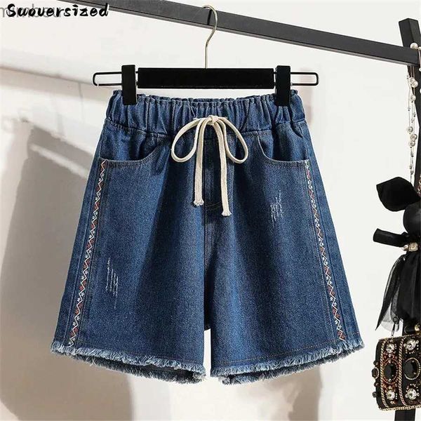 Shorts femininos borda de lã rendas até chiques jeans curtos verão perna larga calças jeans mulheres elásticas cintura alta pantalones cortes casuais soltos vaquerosl240119