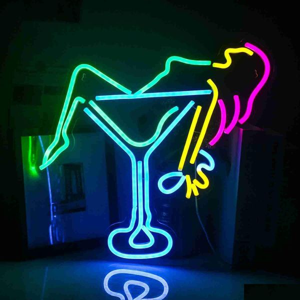 Led Neon Zeichen Licht Frau Wein Glas Bar Hause Schlafzimmer Hochzeit Ästhetische Zimmer Geburtstag Hinweis Dekorieren USB R230613 Drop Lieferung lichter Dhilb