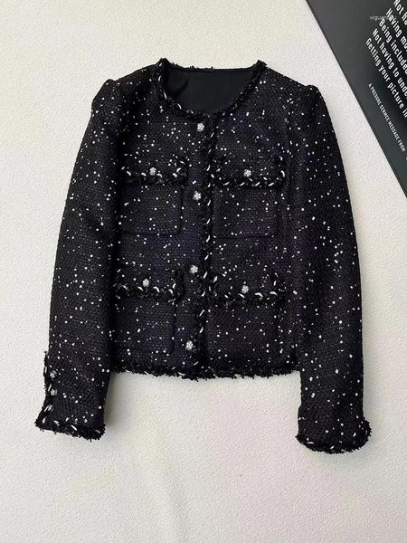 Jaquetas femininas moda preto tweed jaqueta para mulheres 2024 de alta qualidade forro de seda o-pescoço estrelado com flores brancas quatro bolsos casaco senhora