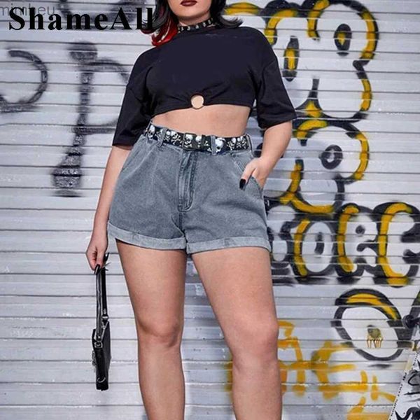 Damen-Shorts, Übergröße, Boyfriend-Stil, locker aufgerollt, hellblau, kurze Jeans, 4XL, Damen, R-Saum, hohe Taille, graue Denims, Hotpants, Bündchen, Jean-Shorts, L240119