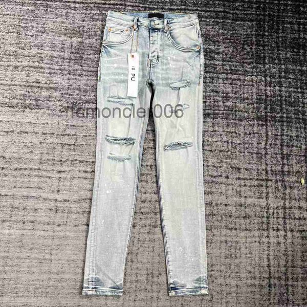 Homem jeans designer roxo magro rasgado motociclista magro calças retas pilha moda masculina tendência marca vintage pant us g43i