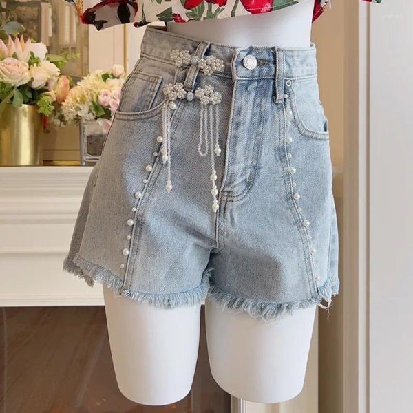 Frauen Shorts Französisch Elegante Denim Für Sommer Design Hohe Taille Schlank Pan Knopf Perlen Quaste Breite Bein Weibliche Kleidung