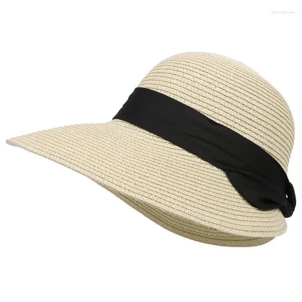 Bandane Lady Cappello da sole Fiocco grande Tesa larga Floppy Cappelli estivi per donna Spiaggia Panama Secchio di paglia Visiera di protezione Femme Berretto casual