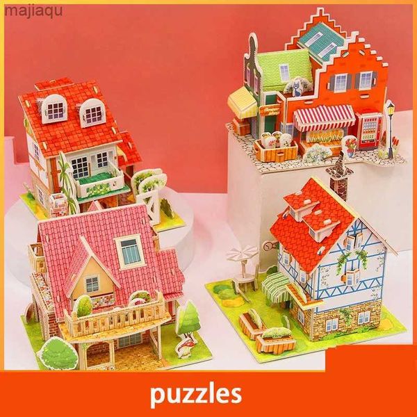 Quebra-cabeças 3d de papel 3d, casas em miniatura montessori, modelos engraçados de construção de papelão para crianças, brinquedos educativos artesanais