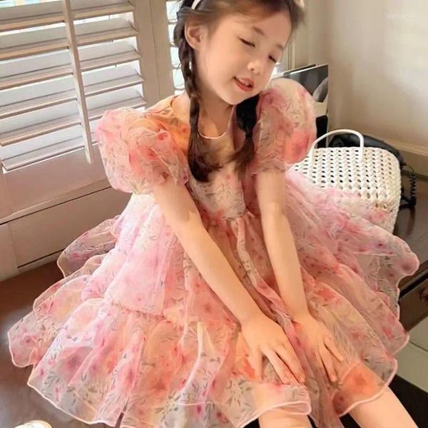 Mädchen Kleider 2024 Sommer Mädchen Kleid Ballkleid Puff Sleeve Süße Prinzessin Floral Kinder Baby Kinder Kleidung Für Mädchen