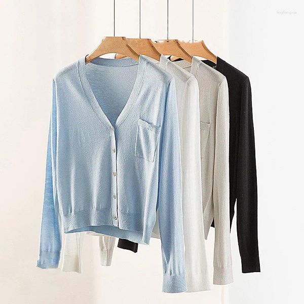 Camicette da donna Camicia lavorata a maglia di seta ghiaccio Capispalla stile sottile Cardigan con protezione solare Top corto a maniche lunghe con scollo a V