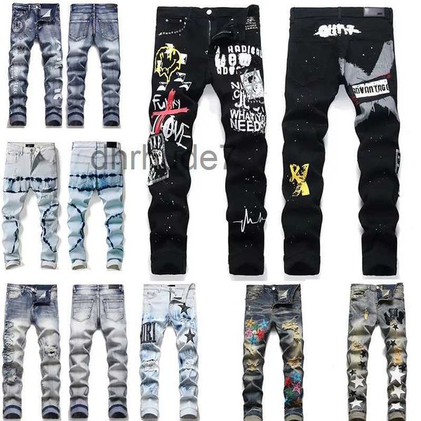 Tasarımcı Erkekler Mor Kot pantolon lüks cadde işlemeli pantolon kadın büyük boy yırtık yama deliği denim moda slim mat1