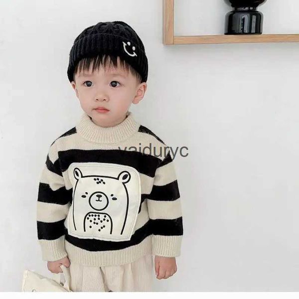 Pullover Autumn Inverno Novo Cartoon Baby Knit suéter menino menina listrada malha casual infantil versátil engrossar tops ldren roupas h240508