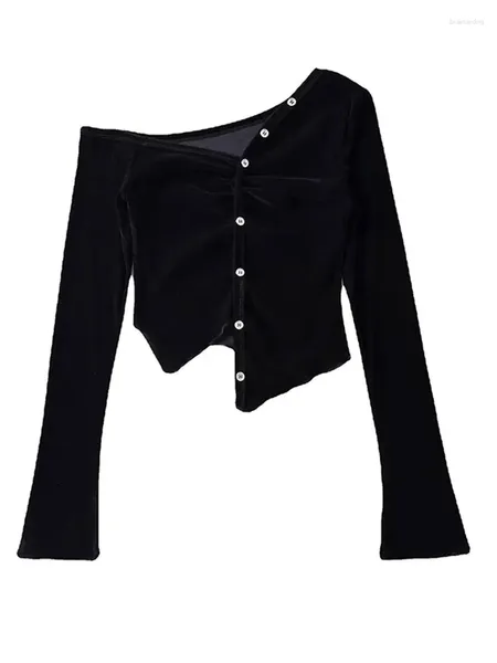 Женские свитера с открытыми плечами, бархатные рубашки, топы для женщин, однотонный короткий пуловер с диагональным воротником и длинными рукавами, осень 2024, шикарный женский черный цвет