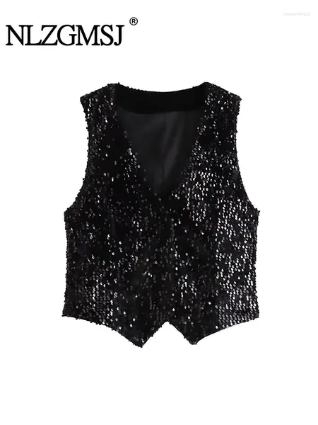 Gilet da donna Nlzgmsj 2024 Gilet da donna nero con paillettes da festa Giacca da donna formale Wasitcoat Compleanno Prom Wear