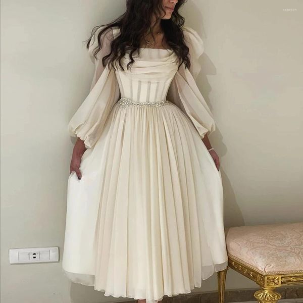 Partykleider Sulead Kleid Dubai Beige Kurzer arabischer Abend mit langen Ärmeln Quadratischer Ausschnitt Länge Midi Frauen Hochzeitskleider