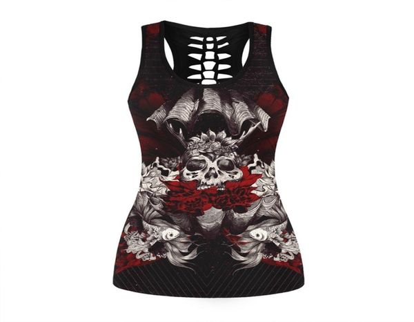 Nuove donne fitness sportivo senza maniche canotta 3d fiore teschio stampato canottiere top femminile stile gotico sexy sottile abbigliamento vintage Y16407303