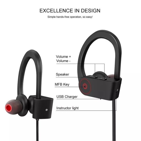 Cuffie U8 Auricolare wireless Auricolare Bluetooth 4.1 con microfono Gancio per l'orecchio Sport Telefono cordless Auricolari Bluetooth Auricolari