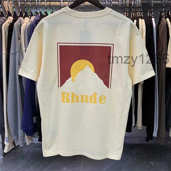 Ay ışığı baskı rhude t-shirt gün batımı grafik kısa kollu erkek kadınlar büyük boyutlu tişört üst tee nueg