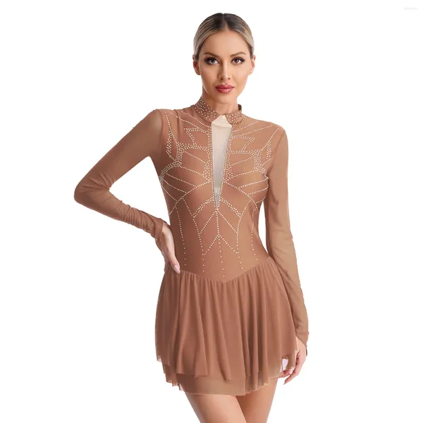 Bühnenkleidung Damen Eiskunstlauf-Performance-Kleid Ballett Lyrical Dance Gymnastik Trikot Sheer Mesh Langarm Strass Kleider