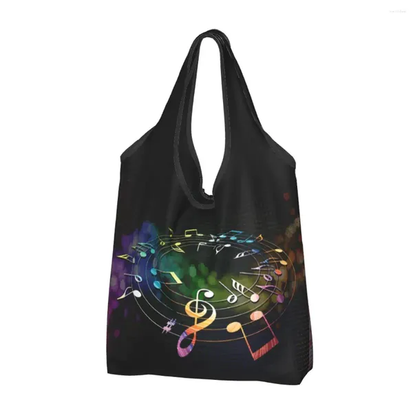 Sacos de compras engraçado notas musicais tote portátil colorido música mantimentos ombro shopper saco