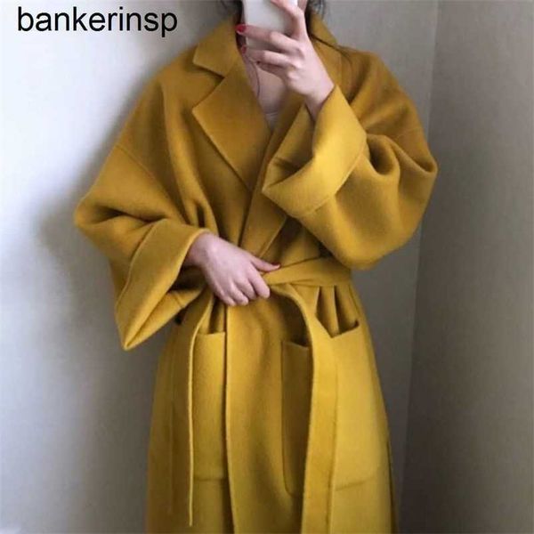 Maxmaras Casaco Cashmere Designer Manuela Top Quality Outono e Inverno Temperamento Gengibre Amarelo Flip Collar Bolso Gravata Cintura Longa Lã Mulheres