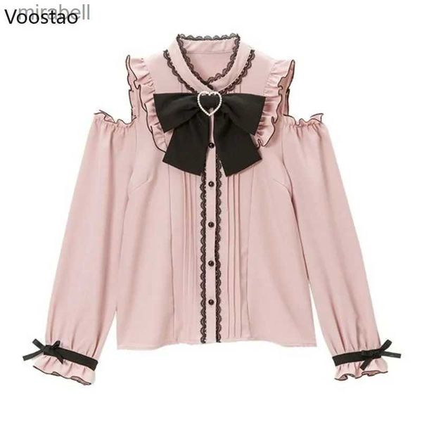 Damen-Blusen, Hemden, S-4XL, Kawaii-Frauen-Lolita-Hemden, Schleife, Herzen, Schnalle, Bluse, Y2k, japanisches, aushöhlen, lange Ärmel, süße Tops, Büro-Damen, JK-Shirt, YQ240119