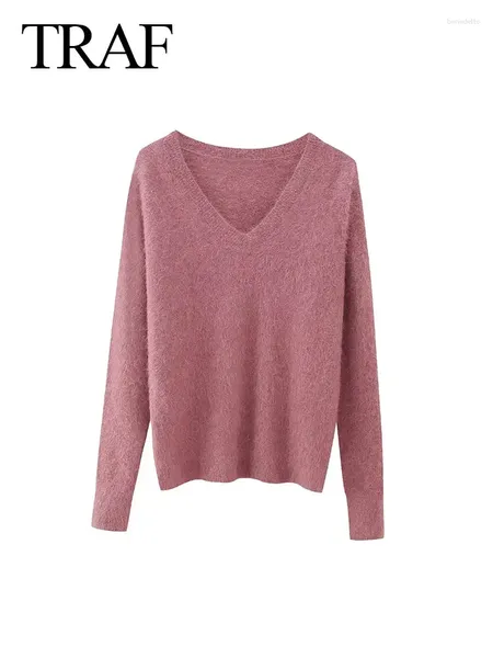Женские свитера, осенний смешанный вязаный пуловер из альпаки, ретро с длинным рукавом, тонкий розовый укороченный топ с v-образным вырезом