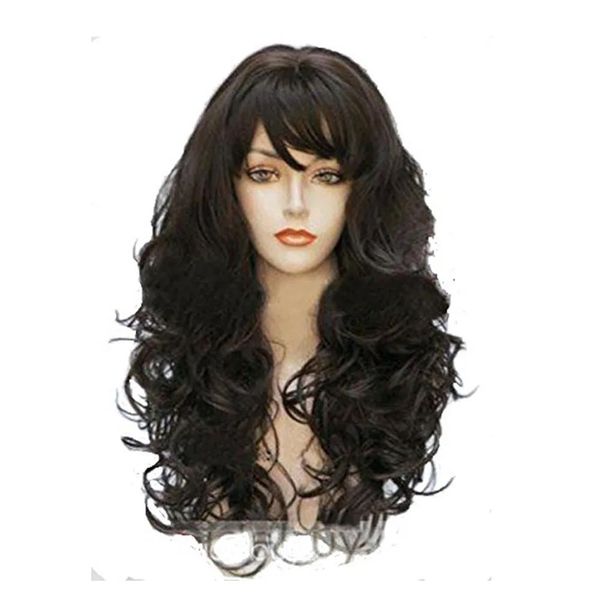 Perucas caprichosas w perucas de cabelo castanho escuro peruca sintética longo ondulado encaracolado resistente ao calor cosplay festa diária peruca para mulher