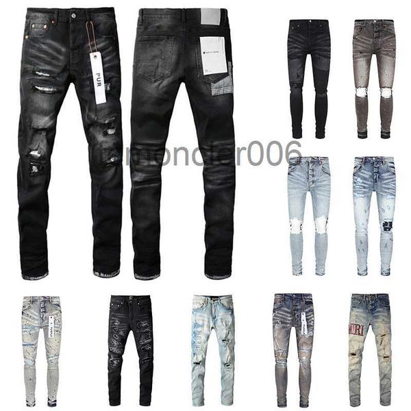 Jeans Lila Designer für Herrenhose Gestapelte Stickerei Distressed Ripped Biker Slim Straight European Jean Hombre Herrenhose Hose XB59