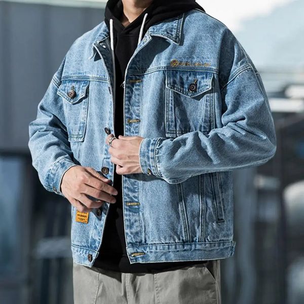 Herren Blau Denim Jacke Einfarbig Taschen Oberbekleidung Koreanischen Stil Einreiher Jeans Männlich Marke Kleidung Streetwear 240118