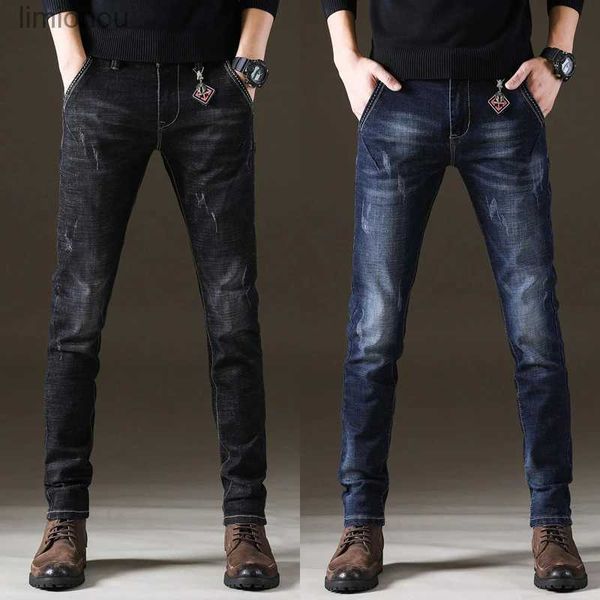 Erkek kot yeni stil erkekler düz ince kot pantolon yüksek kaliteli siyah pantolon Koreli erkekler seksi mavi gündelik kot genç dişli seksi pantolon; l240119