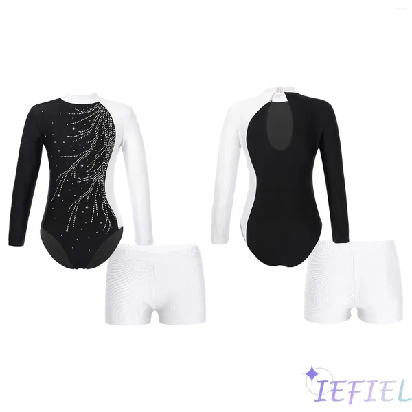 Palco desgaste duas peças meninas ginástica biketard tracksuit brilhante atlético dança ginásio treino yoga outfit para crianças ballet corpo terno com shorts