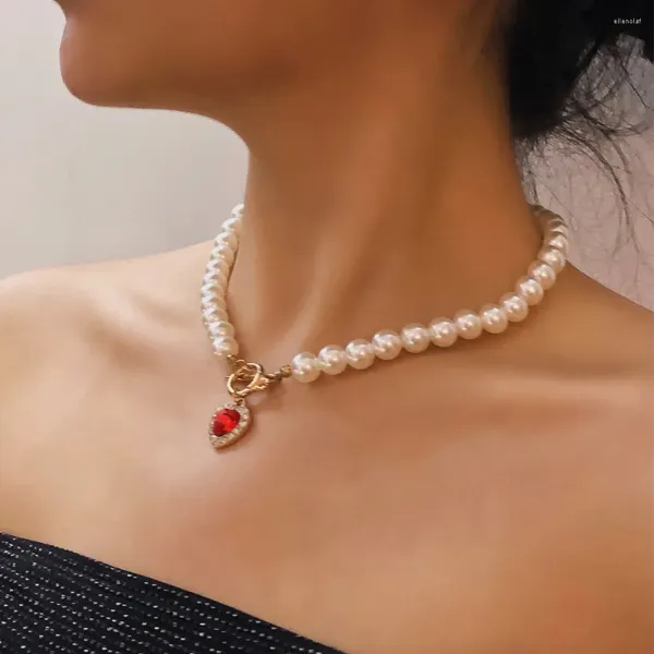 Girocollo in cristallo rosso con ciondolo a forma di cuore, collana di perle, creativo, retrò, semplice, da donna, regalo di San Valentino, gioielli di lusso leggeri per feste