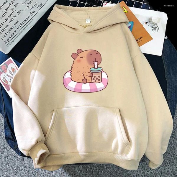 Damen Hoodies Casual Capybara Loves Drinking Bubble Cartoon Frauen Kawaii Grafik Sweatshirts Winter Streetwear Pullover Tasche