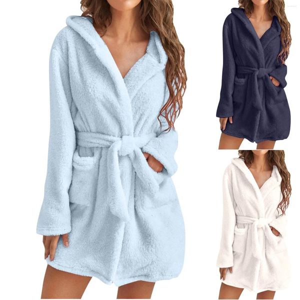 Vrouwen Nachtkleding Vrouwen Pyjama Flanel Badjassen Capuchon Nachtjapon Dikker Thermisch Met Zakken Winter Warme Badjas Zacht