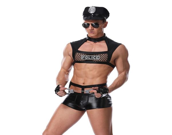 Traje de couro de vinil masculino cosplay sexy noite policiais role play fantasia adulto conjunto de couro falso masculino para gay underwear8433497