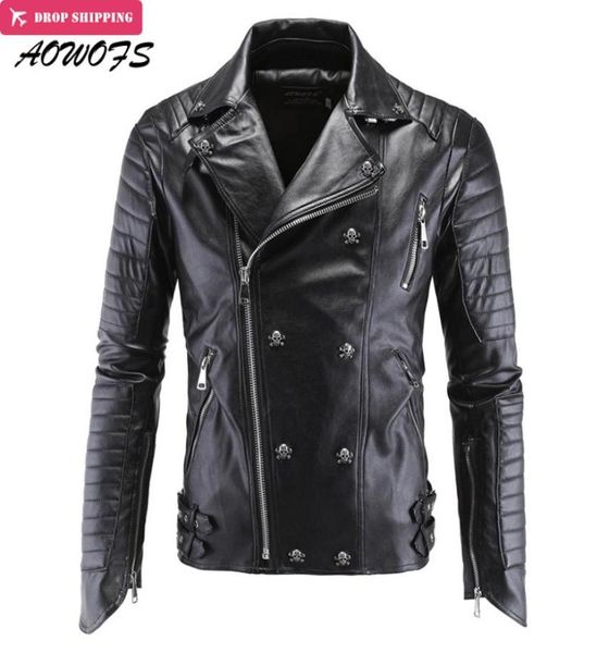 Bütün aowofs erkek deri ceketler siyah motosiklet ceketleri kafatasları perçinler eğik fermuar ince fit kapitone punk deri ceket1236911