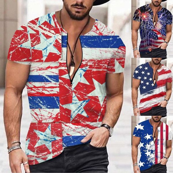 Herren-T-Shirt-Set für Männer, Herren-Shorts, sportlich, groß, Sommer, Unabhängigkeitstag-Flagge, digitaler 3D-Druck, Reißverschluss-Shirt