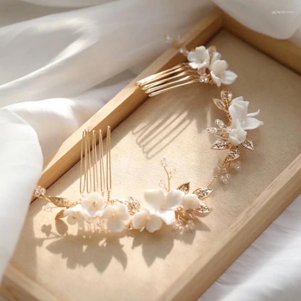 Заколки для волос Ins Белый цветочный свадебный гребень Свадебная деталь Медный лист с фианитом Женские украшения