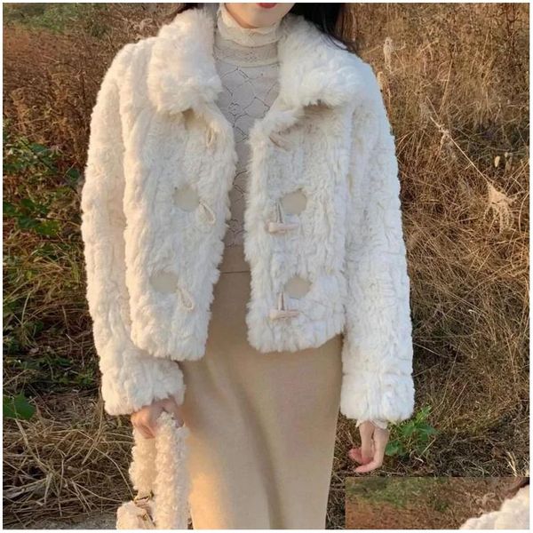 Womens Fur Faux Sintético Senhoras Casaco De Raposa Branca Moda Doce Curto Grosso Quente Elegante Jaqueta Vintage Casacos Mulheres Mujeres Coelho Gota Dh5vu