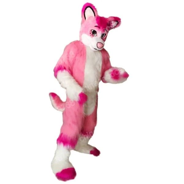 Rosa Fursuit Husky Dog Mascot Traje Halloween Fantasia Vestido de Festa Personagem de Desenho Animado Roupa Terno Carnaval Adultos Tamanho Aniversário Roupa ao ar livre