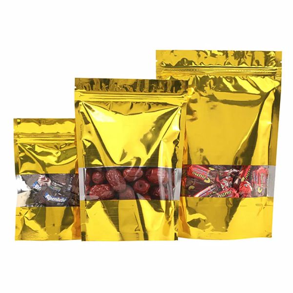 100 pçs levante-se brilhante janela de ouro zip lock saco resealable ouro vedação calor açúcar kitechen suprimentos café moído milho lanche exibição bj