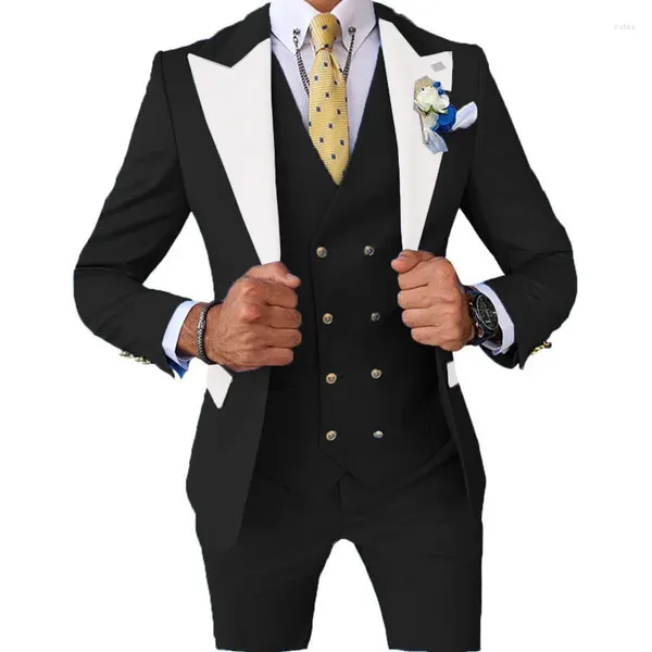 Мужские костюмы, черный мужской костюм, элегантный деловой офисный пиджак, брюки, жилет, комплект из трех предметов, облегающий наряд, свадебный смокинг для мужчин, одежда на заказ