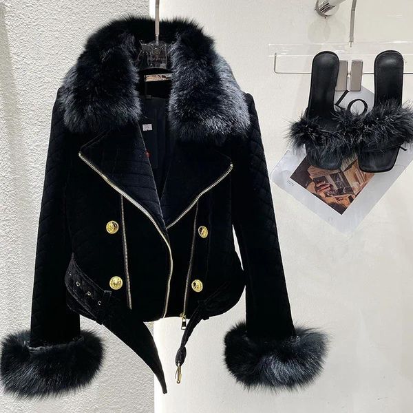 Giacche da donna Designer Giacca in velluto Colletto staccabile in pelliccia sintetica Doppia cerniera Moto corto nero