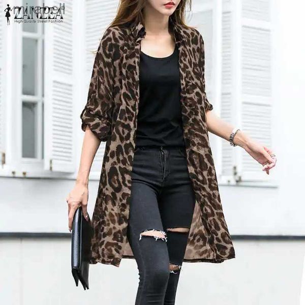 Blusas femininas camisas femininas manga longa leopardo chiffon blusa ZANZEA moda verão impresso cardigan boêmio camisas casuais longos tops praia quimono YQ240119