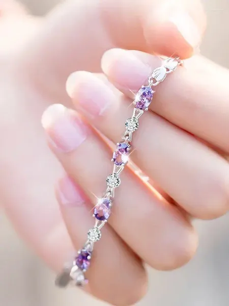 Braccialetti con ciondoli Bracciale di grazia con zirconi in cristallo viola naturale color argento alla moda per il compleanno della ragazza, San Valentino, gioielli romantici